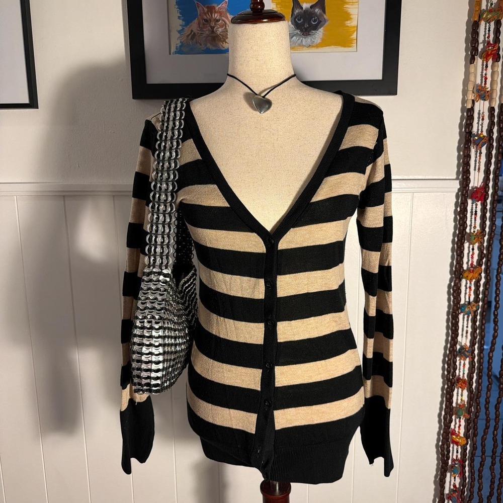 Windsor Black Tan Striped Long Cardigan Y2K Grunge Preppy V-Neck Knit Top